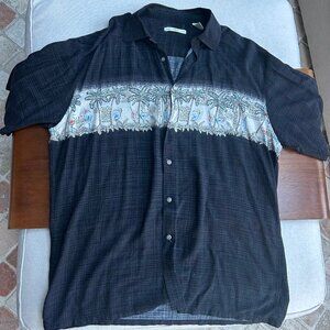 CAMPIA Vintage Hawaiian Tropical Black Palm Tree short sleeve button down sz L